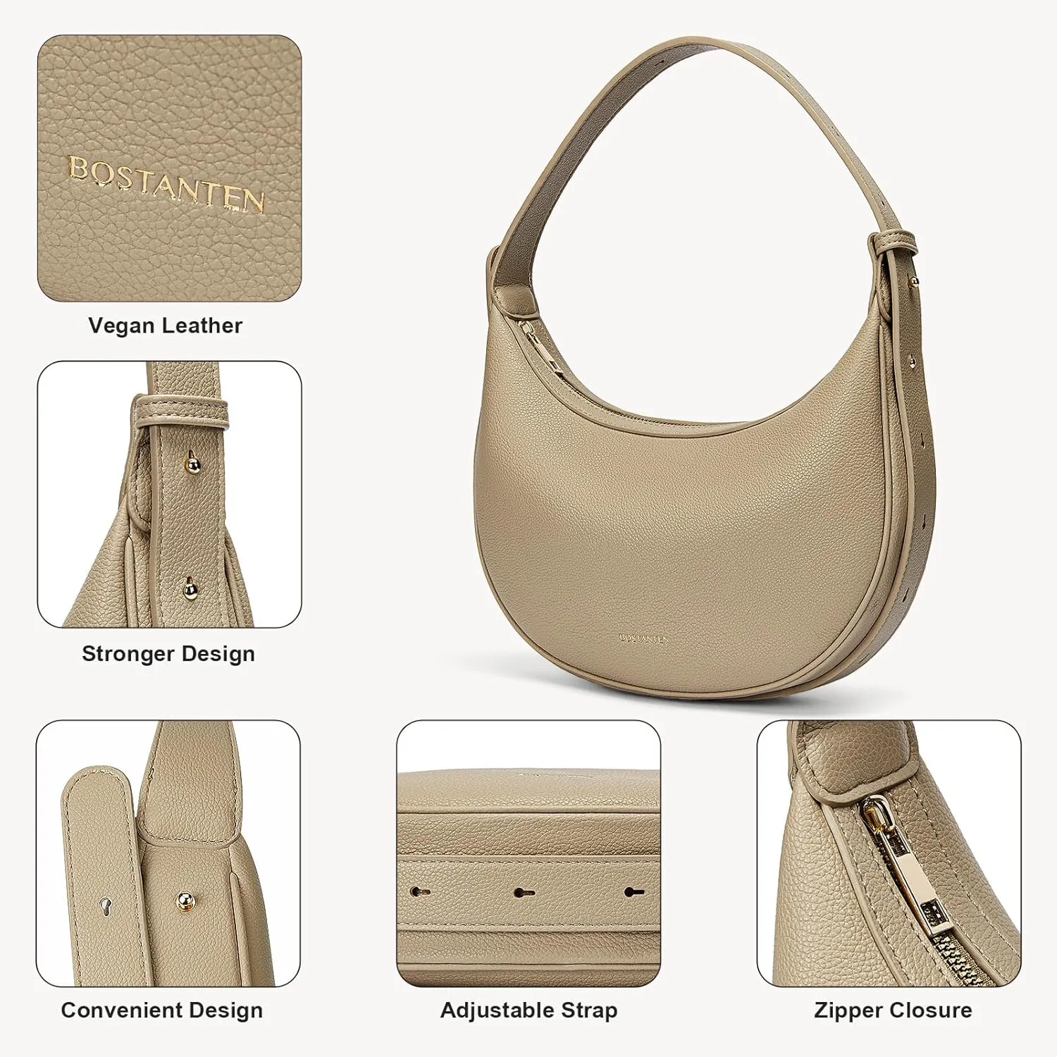 BOSTANTEN Crescent Shoulder Bag for Women Trendy Crossbody Hobo Purse Vegan Leather Clutch Handbag Adjustable Strap