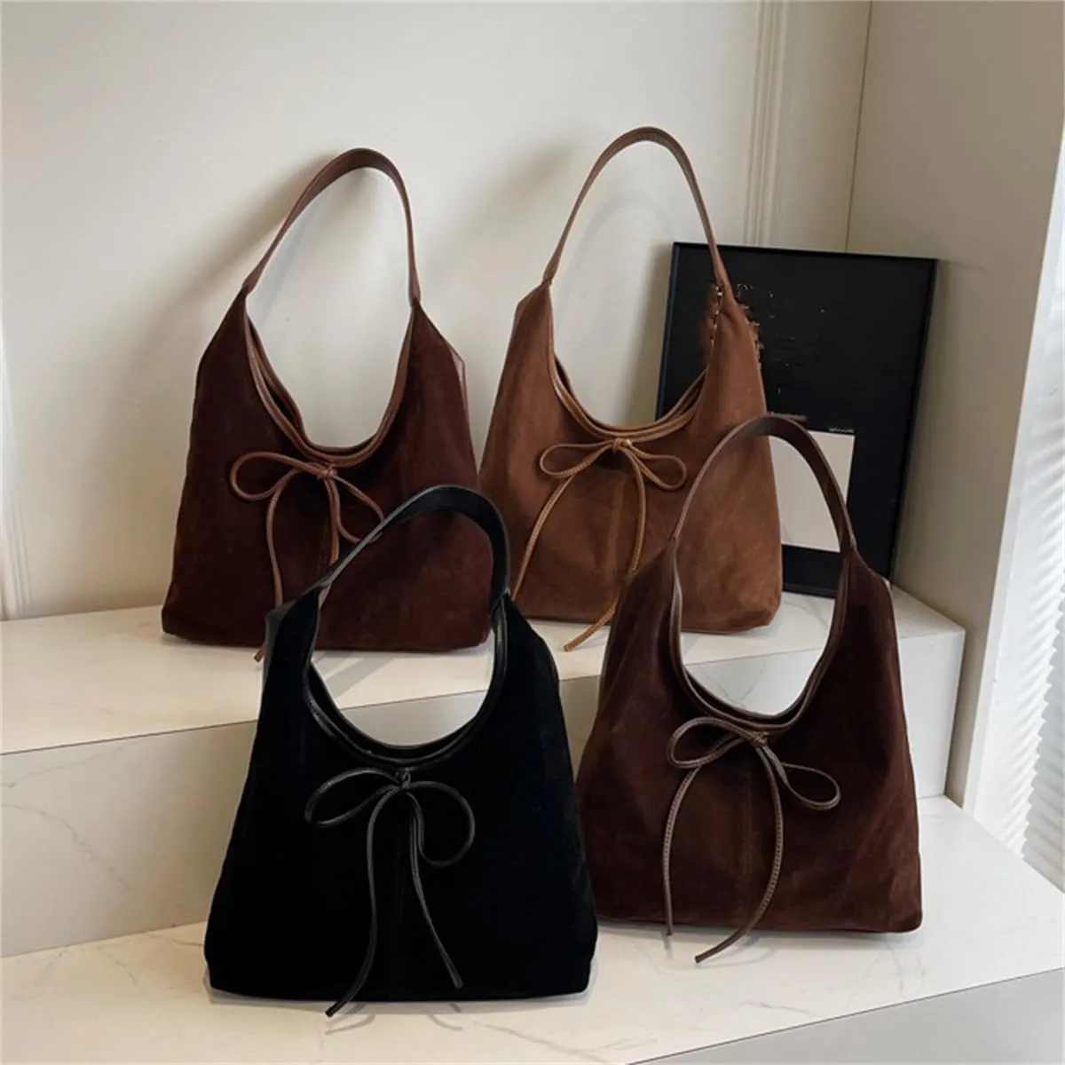 Bow Suede Tote Bag for Women,Trendy Purse Slouchy Hobo Bag with Elegant Bow,Vintage Large Capacity Work Tote Shoulder Handbag