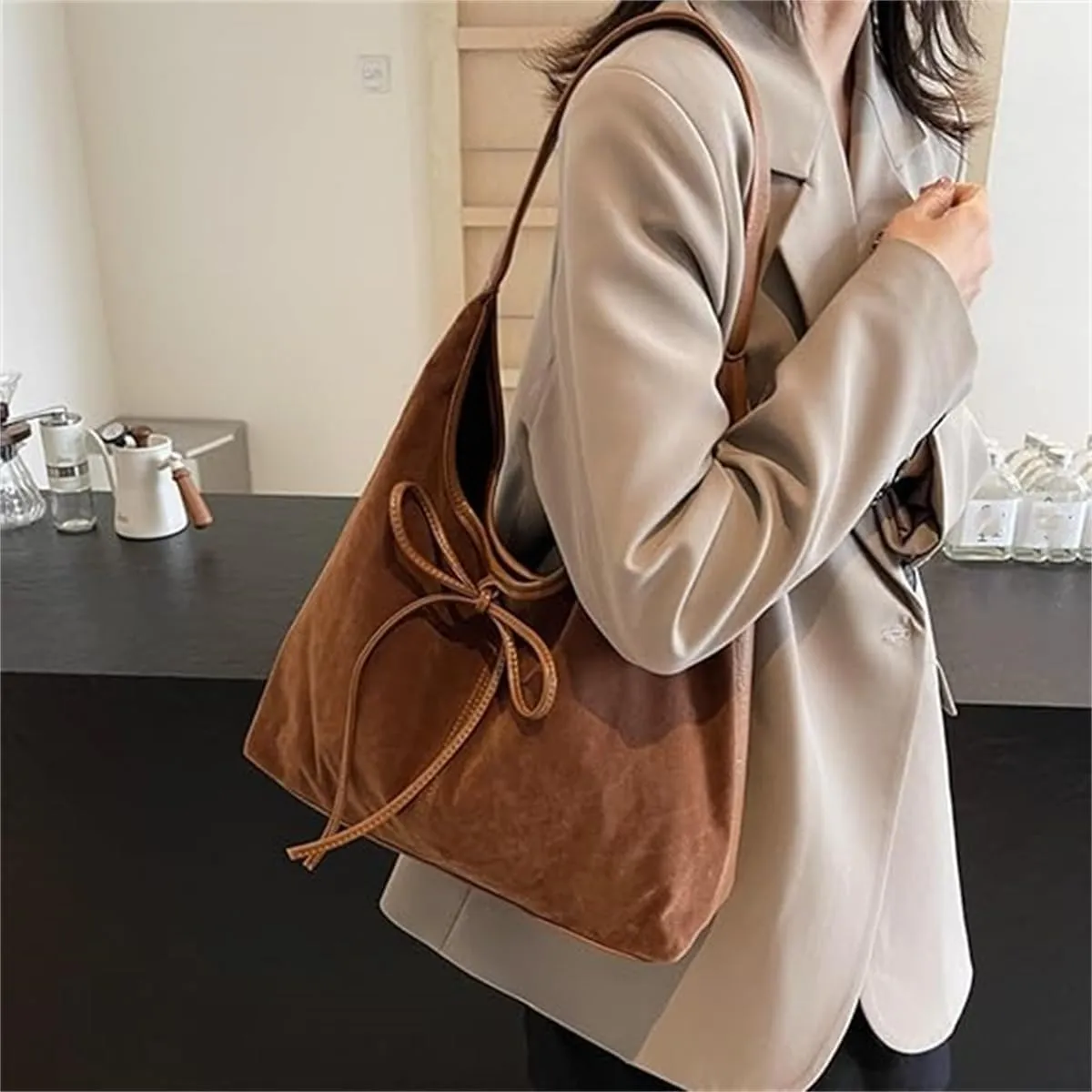 Bow Suede Tote Bag for Women,Trendy Purse Slouchy Hobo Bag with Elegant Bow,Vintage Large Capacity Work Tote Shoulder Handbag
