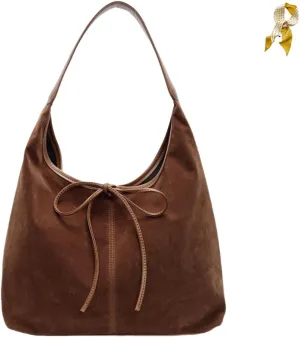 Bow Suede Tote Bag for Women,Trendy Purse Slouchy Hobo Bag with Elegant Bow,Vintage Large Capacity Work Tote Shoulder Handbag
