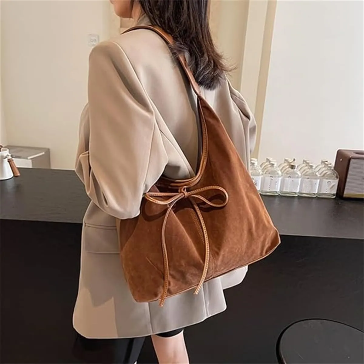 Bow Suede Tote Bag for Women,Trendy Purse Slouchy Hobo Bag with Elegant Bow,Vintage Large Capacity Work Tote Shoulder Handbag