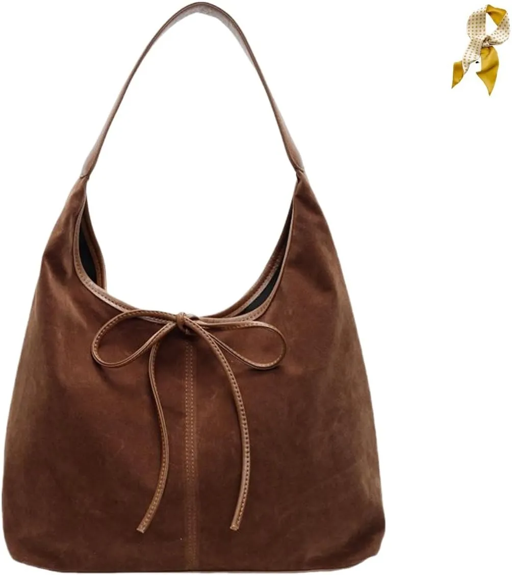 Bow Suede Tote Bag for Women,Trendy Purse Slouchy Hobo Bag with Elegant Bow,Vintage Large Capacity Work Tote Shoulder Handbag