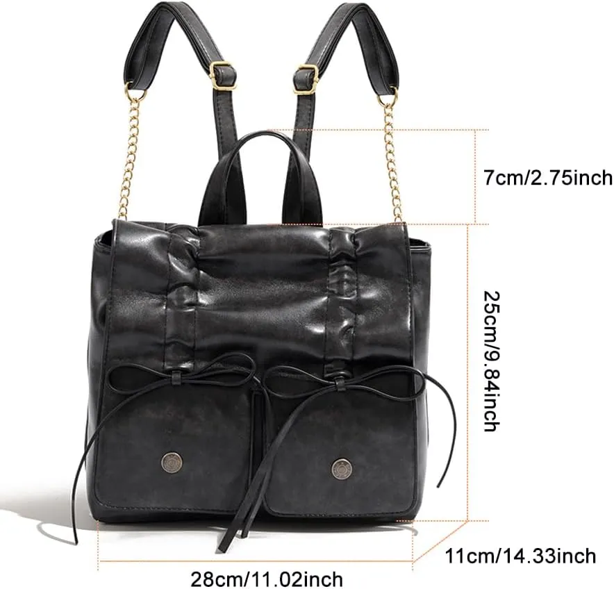 Bow Tie Vintage Backpack for Women,PU Leather Travel Rucksack Metal Chain Y2K Handbag Double Shoulder Bag