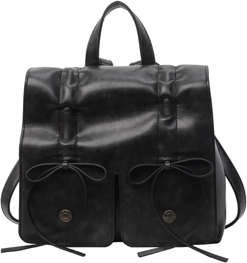 Bow Tie Vintage Backpack for Women,PU Leather Travel Rucksack Metal Chain Y2K Handbag Double Shoulder Bag