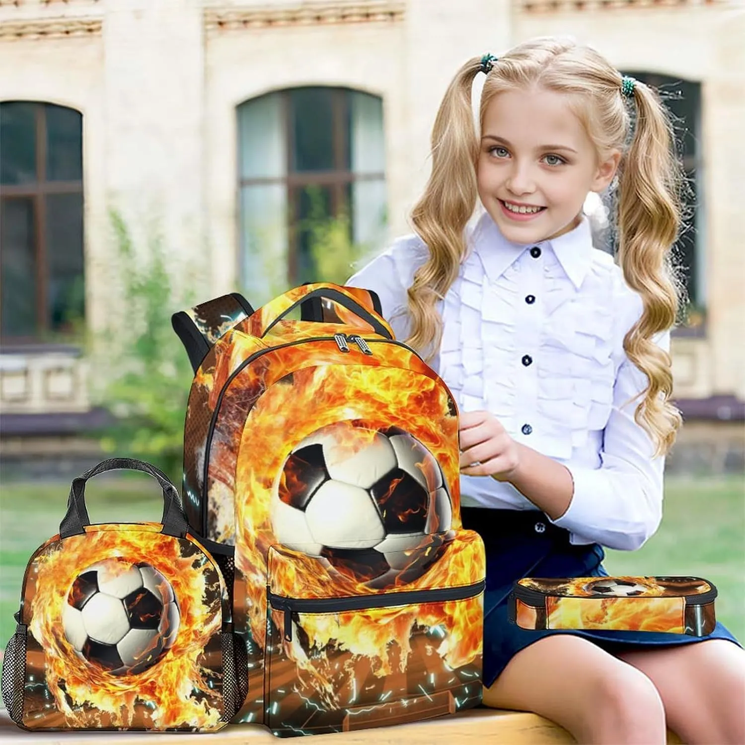 Boys Soccer Backpack with Lunch Box for Elementary - Set of 3 Soccer Backpacks Matching Combo for Kids 8-10 - Sports Themed Bookbag and Pencil Case Bundle