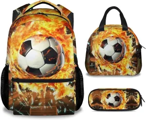 Boys Soccer Backpack with Lunch Box for Elementary - Set of 3 Soccer Backpacks Matching Combo for Kids 8-10 - Sports Themed Bookbag and Pencil Case Bundle