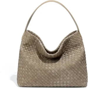 Braided Leather Tote Bag for Women - Stylish Suede Hobo Shoulder Bag with Woven Detailing