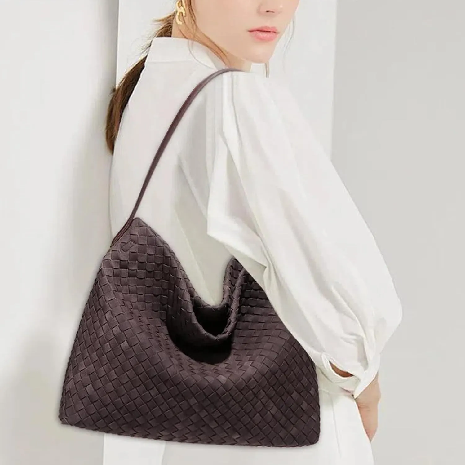 Braided Leather Tote Bag for Women - Stylish Suede Hobo Shoulder Bag with Woven Detailing