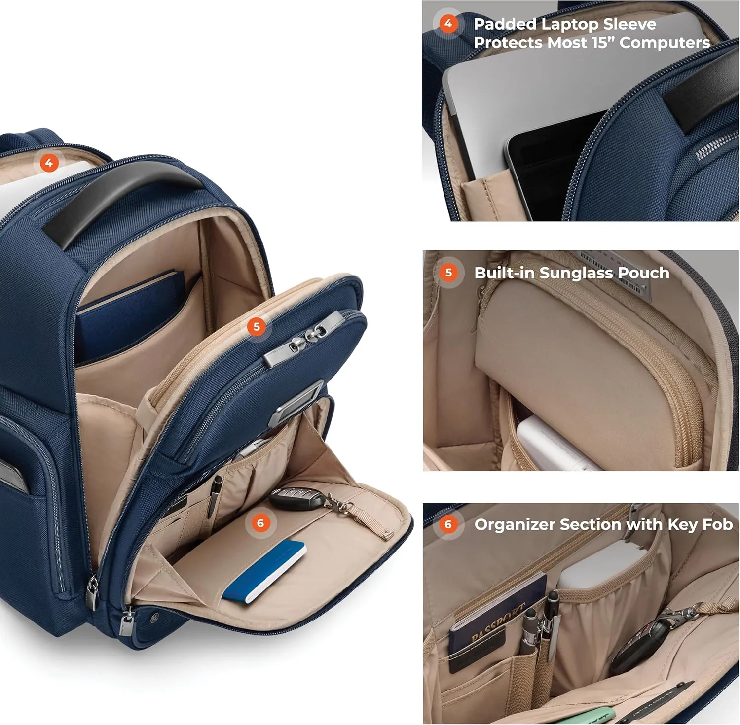 Briggs & Riley Medium Cargo Backpack for Women & Men - Daypack for Work, Personal Item Travel Bag, Lightweight & Durable, Padded Straps, Fits up to 15" Laptop - @work Collection, Navy