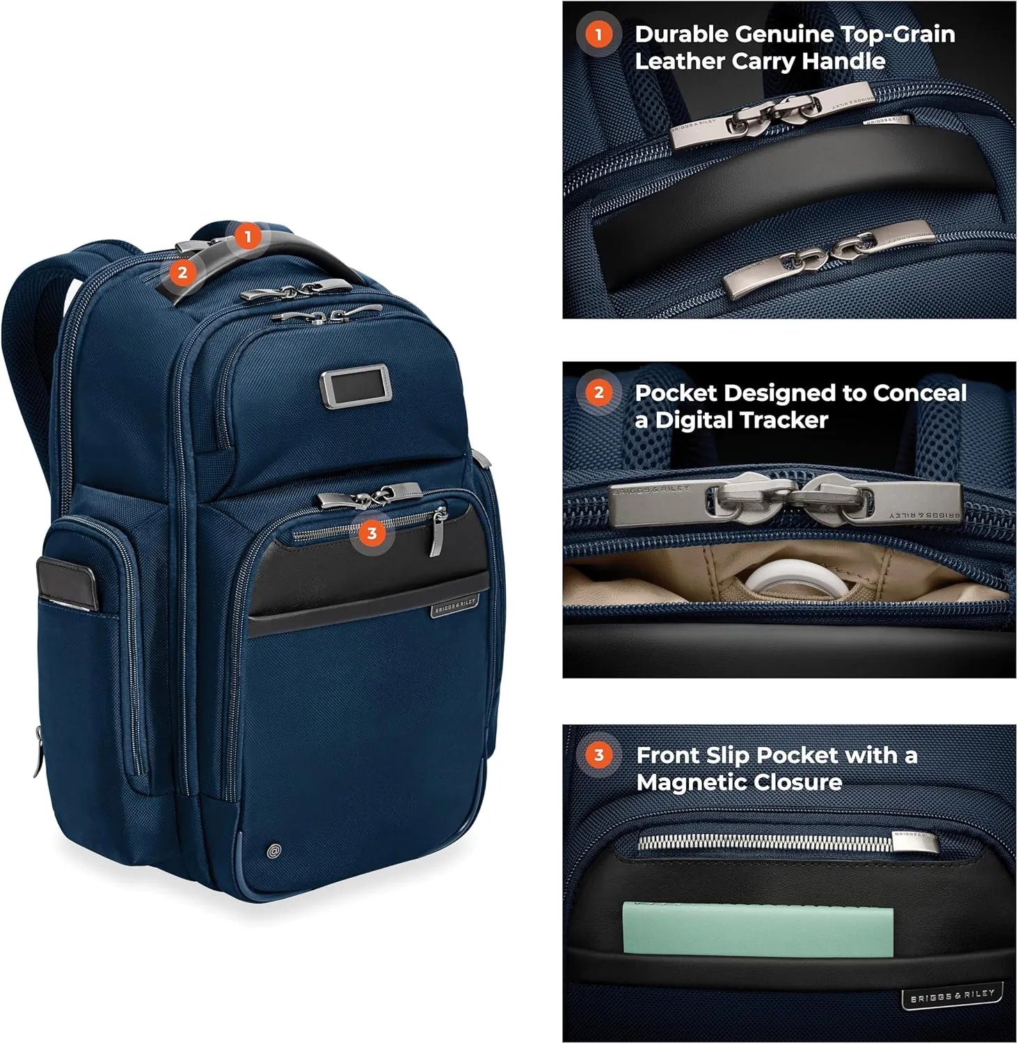 Briggs & Riley Medium Cargo Backpack for Women & Men - Daypack for Work, Personal Item Travel Bag, Lightweight & Durable, Padded Straps, Fits up to 15" Laptop - @work Collection, Navy