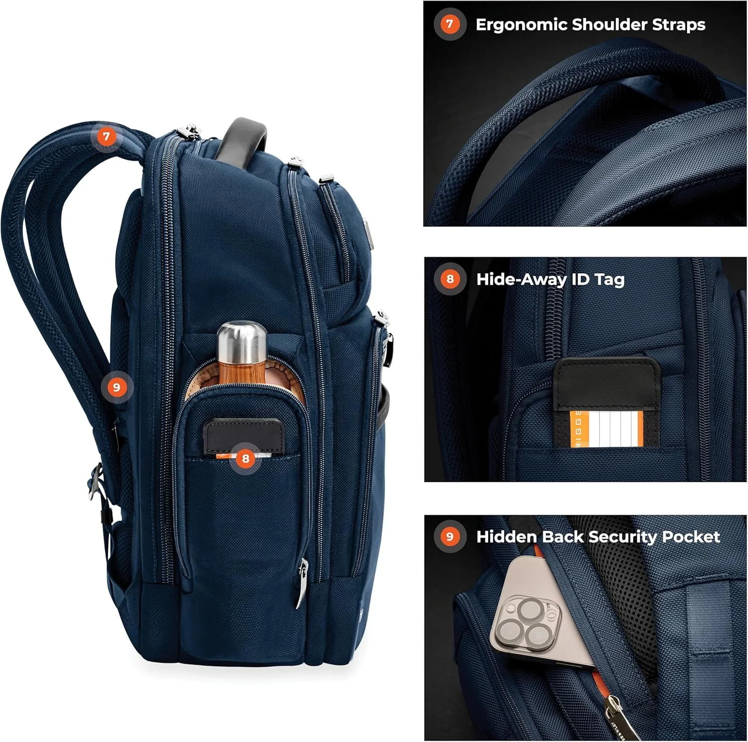 Briggs & Riley Medium Cargo Backpack for Women & Men - Daypack for Work, Personal Item Travel Bag, Lightweight & Durable, Padded Straps, Fits up to 15" Laptop - @work Collection, Navy