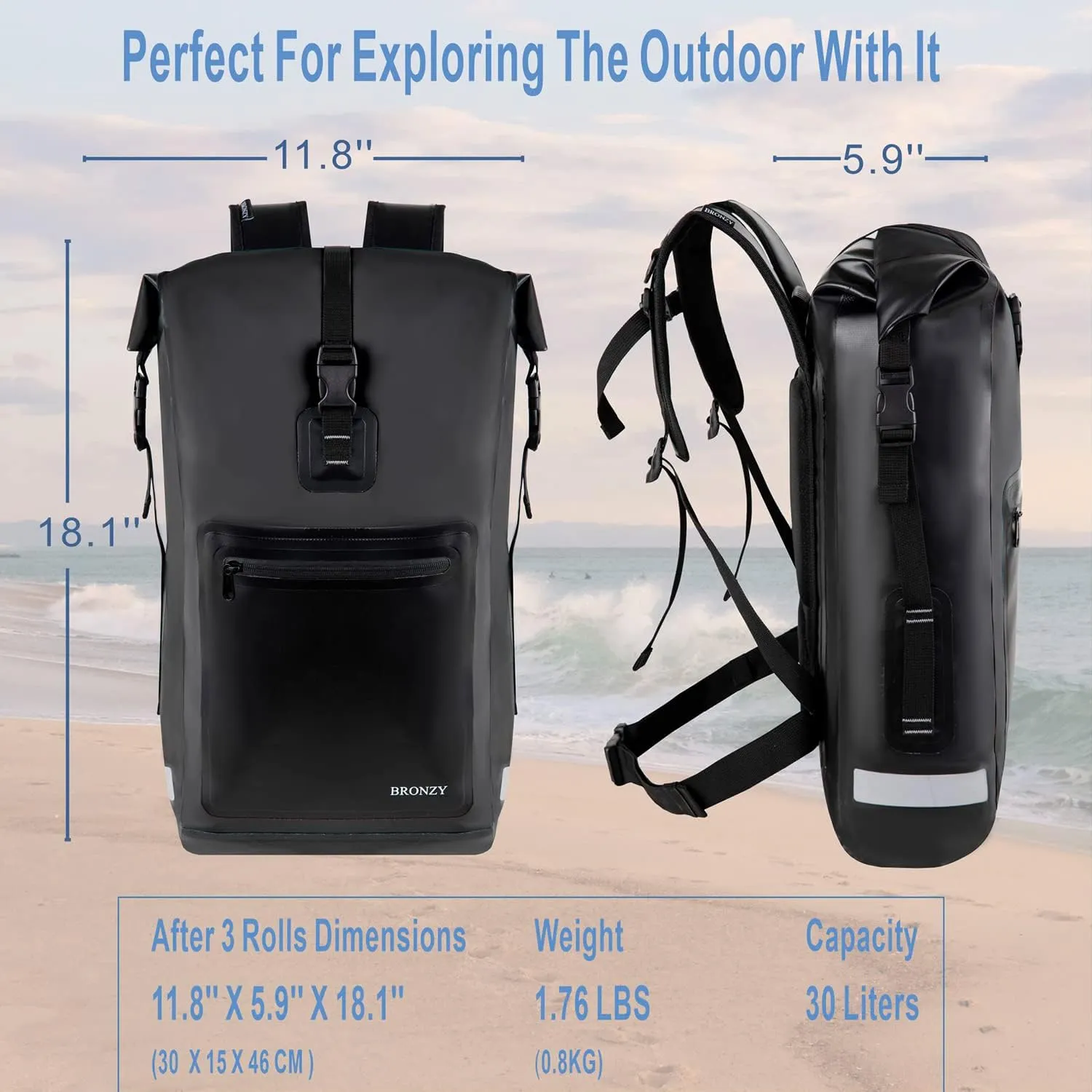 BRONZY Waterproof Backpack Dry Bag 30L Roll Top Closure with Front Zippered Pocket Heavy Duty Breathable Foam Padded Backing For Kayaking Camping Boating Hiking Beach (Black)