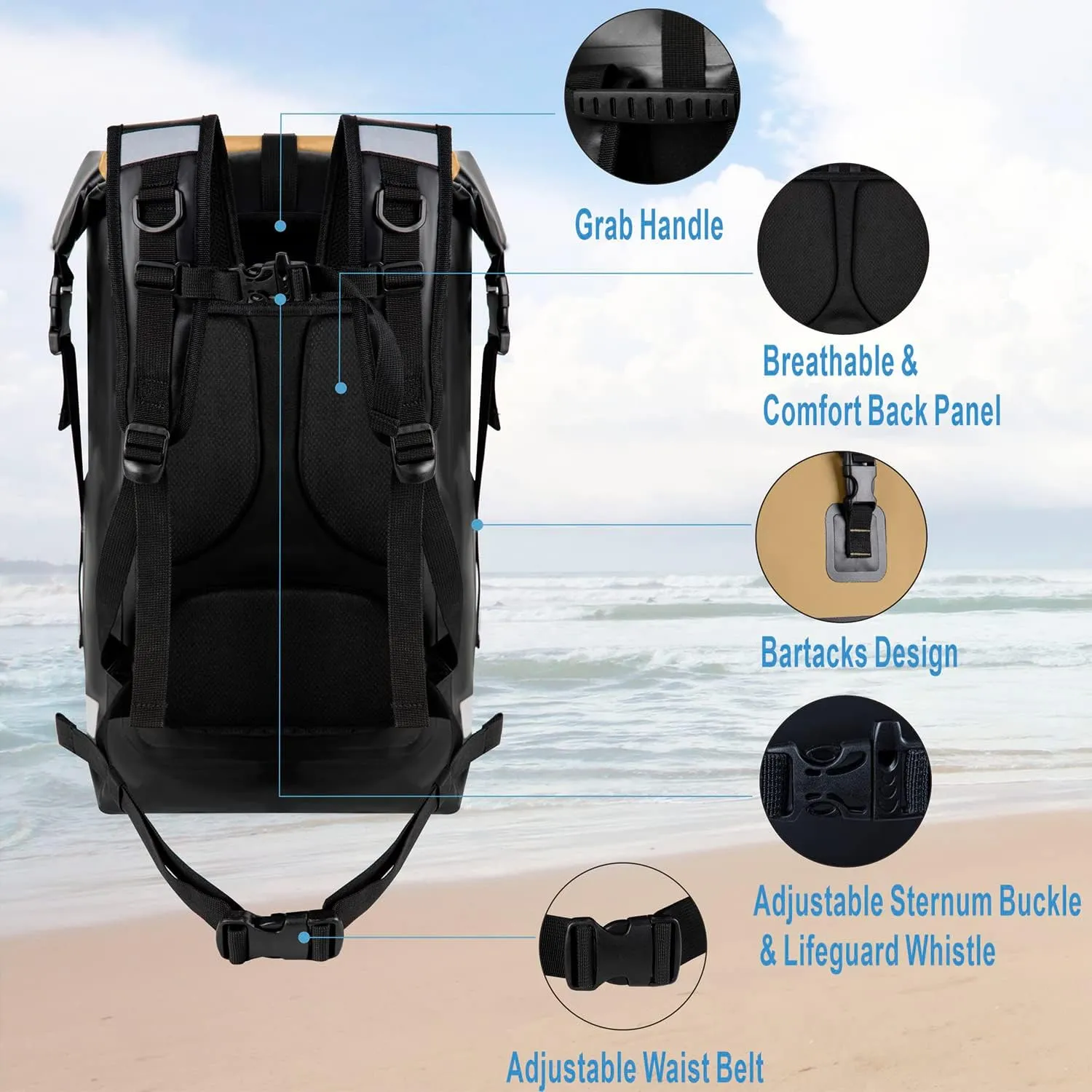 BRONZY Waterproof Backpack Dry Bag 30L Roll Top Closure With Front Zippered Pocket Heavy Duty Breathable Foam Padded Backing For Kayaking Camping Boating Hiking Beach (Khaki)