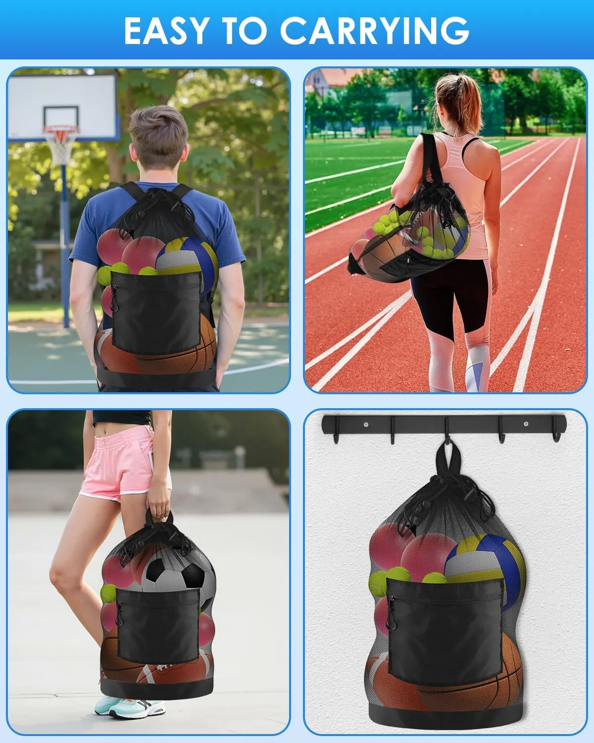 BROTOU Soccer Ball Bag with Double Shoulder Strap Large Mesh Sports Equipment Net Bag with Top Handle Heavy Duty Drawstring Bags Team Work for Basketball, Volleyball, Baseball, Swimming Gear