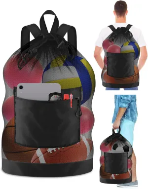 BROTOU Soccer Ball Bag with Double Shoulder Strap Large Mesh Sports Equipment Net Bag with Top Handle Heavy Duty Drawstring Bags Team Work for Basketball, Volleyball, Baseball, Swimming Gear