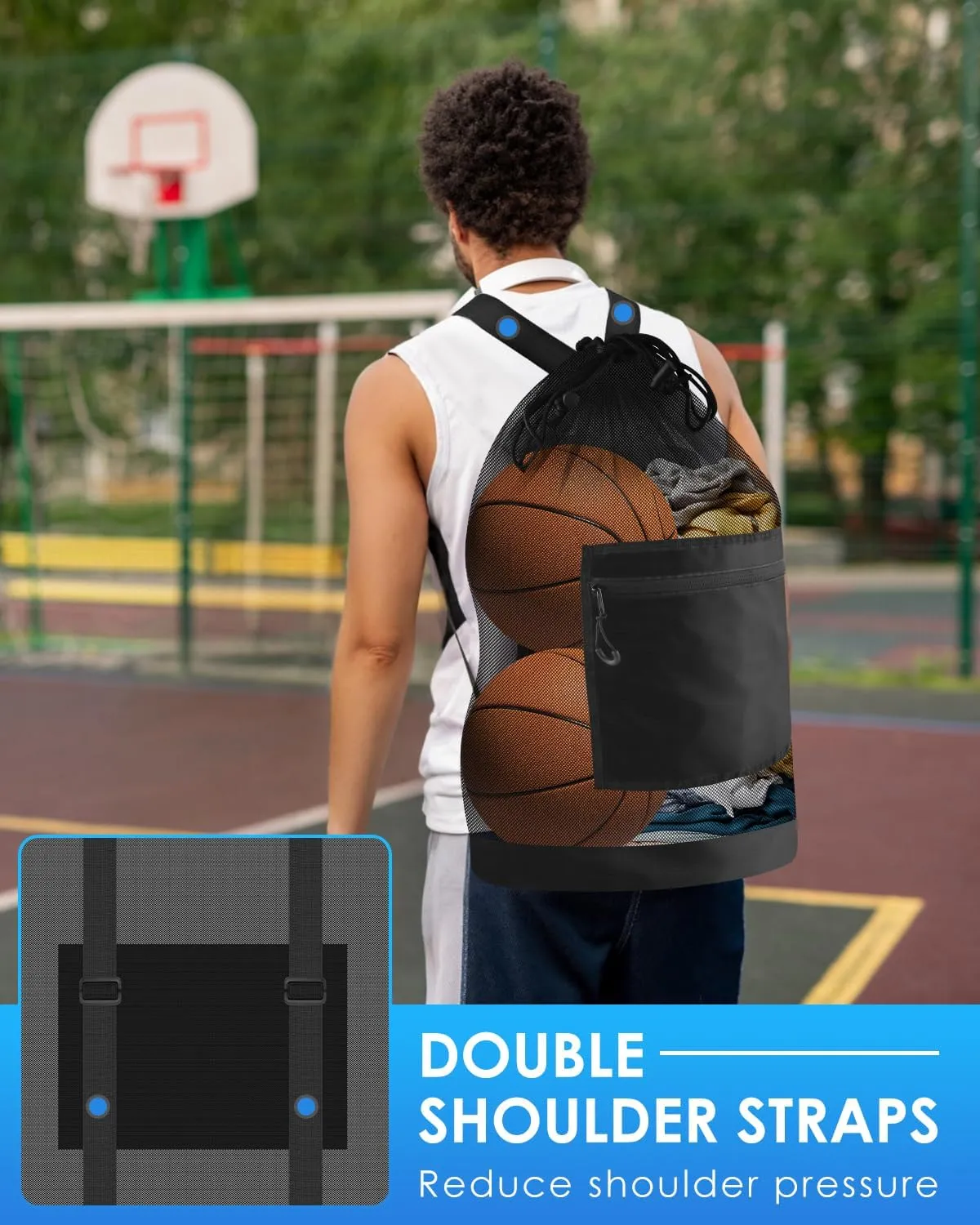 BROTOU Soccer Ball Bag with Double Shoulder Strap Large Mesh Sports Equipment Net Bag with Top Handle Heavy Duty Drawstring Bags Team Work for Basketball, Volleyball, Baseball, Swimming Gear