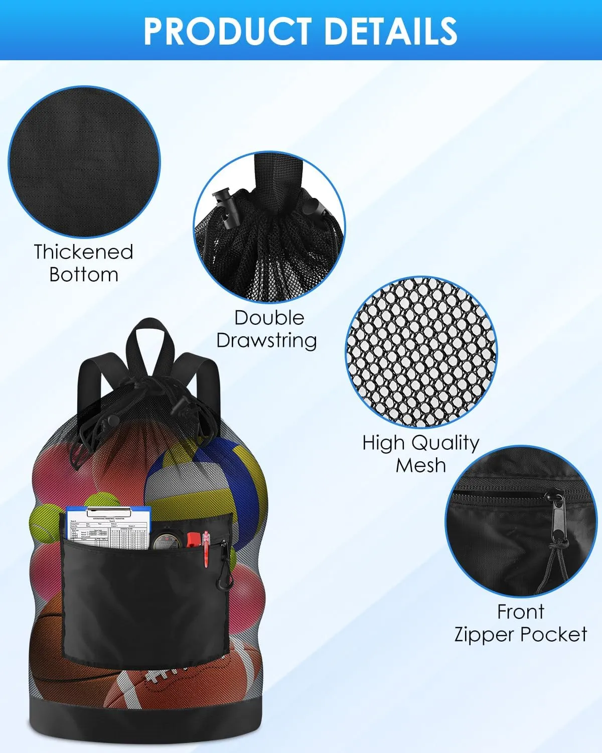 BROTOU Soccer Ball Bag with Double Shoulder Strap Large Mesh Sports Equipment Net Bag with Top Handle Heavy Duty Drawstring Bags Team Work for Basketball, Volleyball, Baseball, Swimming Gear