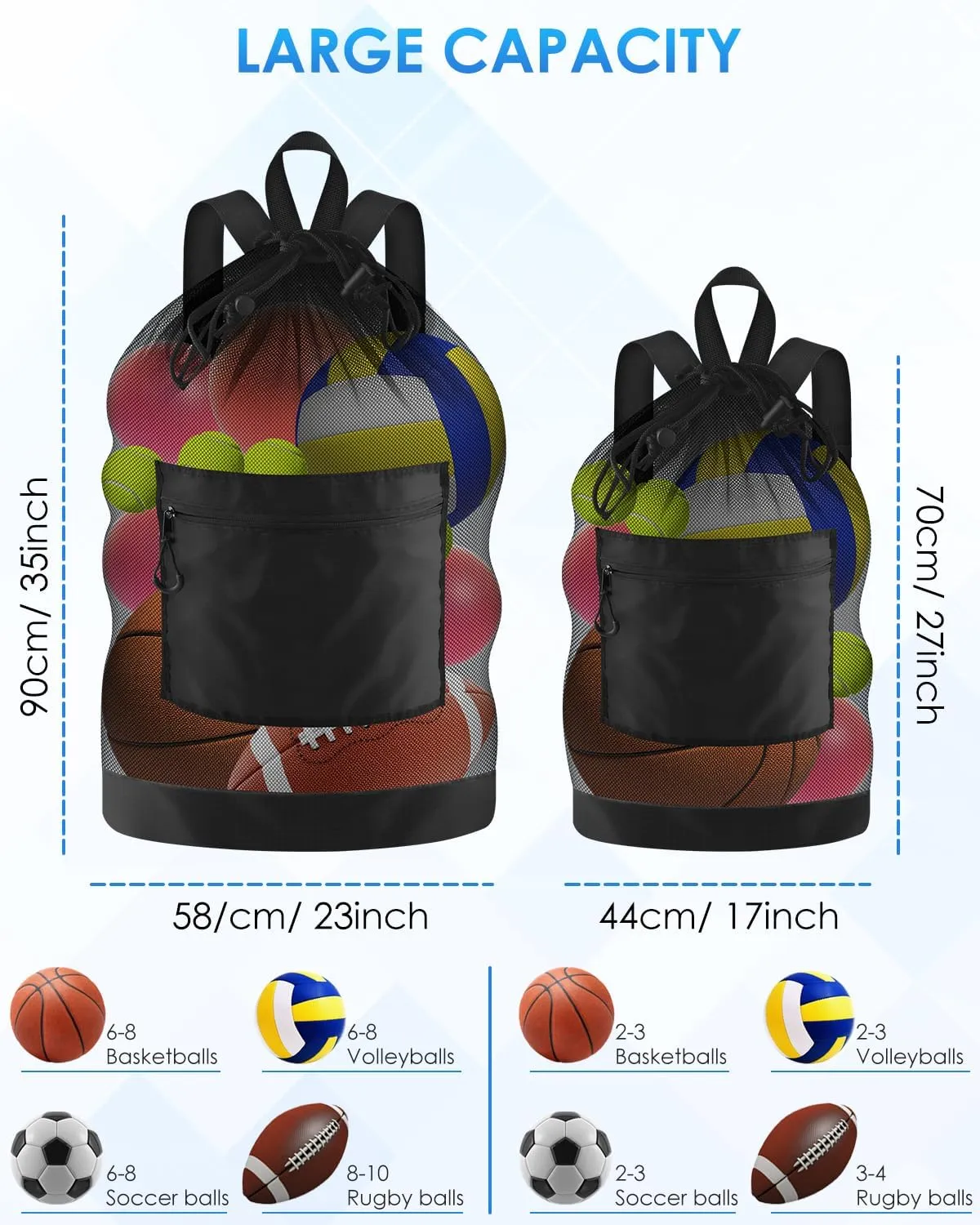 BROTOU Soccer Ball Bag with Double Shoulder Strap Large Mesh Sports Equipment Net Bag with Top Handle Heavy Duty Drawstring Bags Team Work for Basketball, Volleyball, Baseball, Swimming Gear