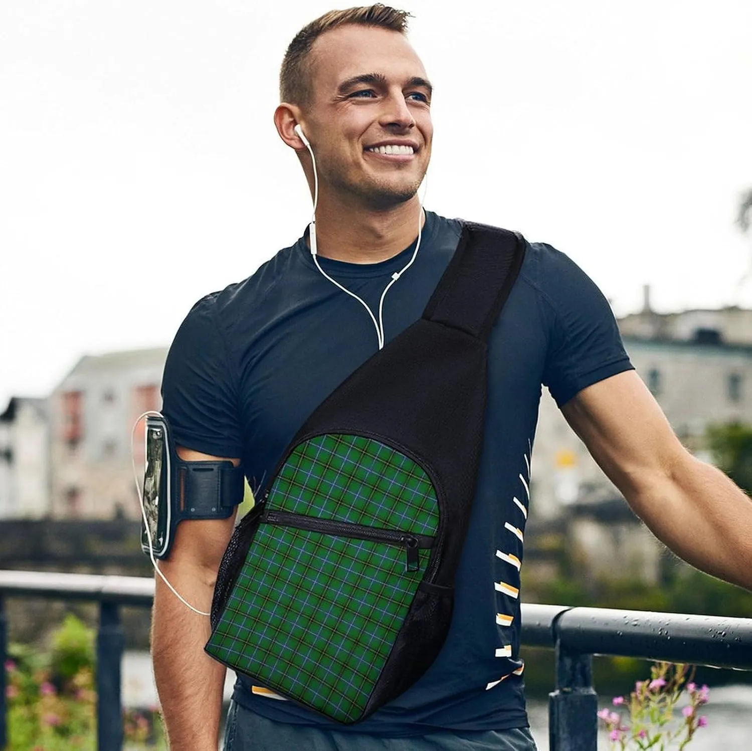 Brown Blue Tartan Plaid Portable Chest Bag, Large Capacity Single Shoulder Chest Bag