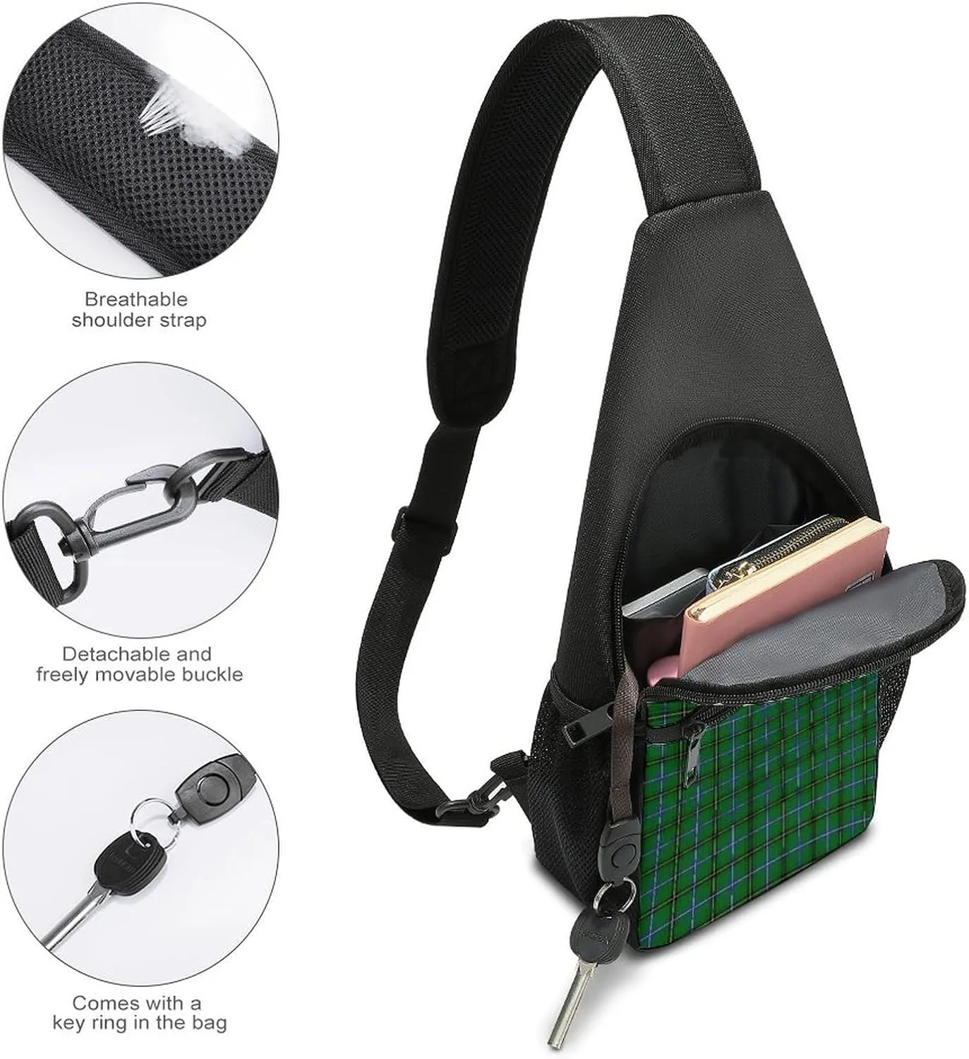 Brown Blue Tartan Plaid Portable Chest Bag, Large Capacity Single Shoulder Chest Bag