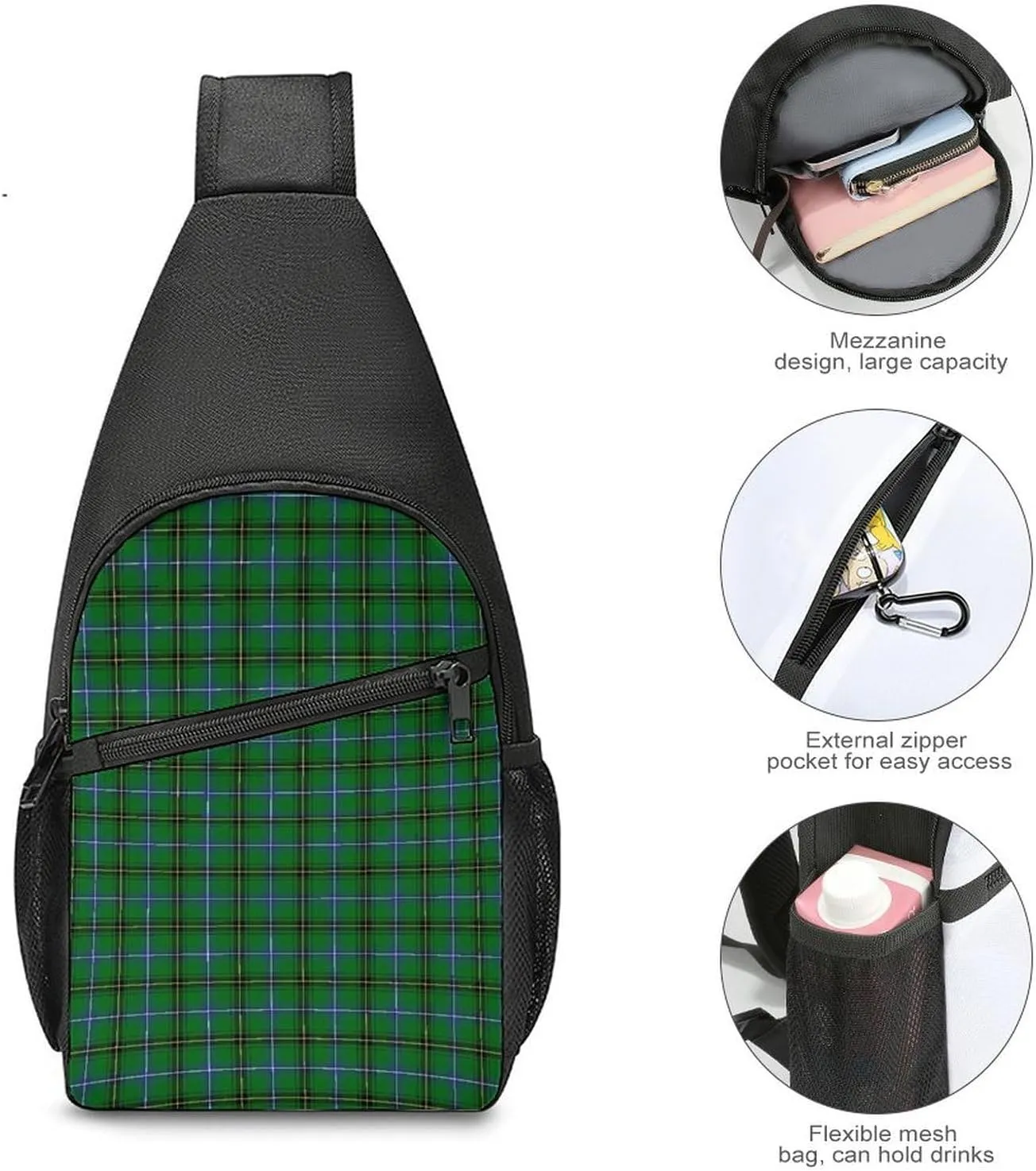 Brown Blue Tartan Plaid Portable Chest Bag, Large Capacity Single Shoulder Chest Bag