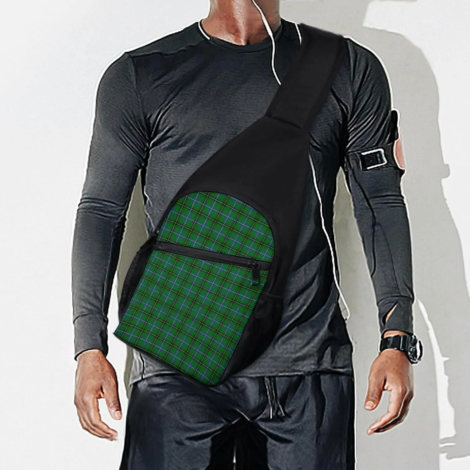Brown Blue Tartan Plaid Portable Chest Bag, Large Capacity Single Shoulder Chest Bag