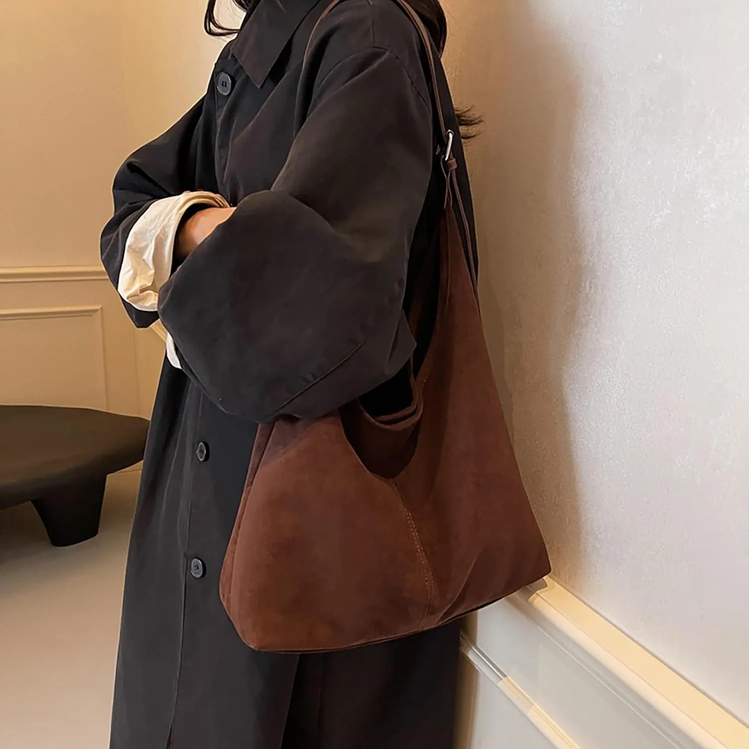 Brown Suede Bags for Women - 2024 New Adjustable Strap Brown Suede Hobo Tote Tote Handbag, Fall Suede Purse with Pouch