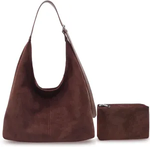 Brown Suede Bags for Women - 2024 New Adjustable Strap Brown Suede Hobo Tote Tote Handbag, Fall Suede Purse with Pouch