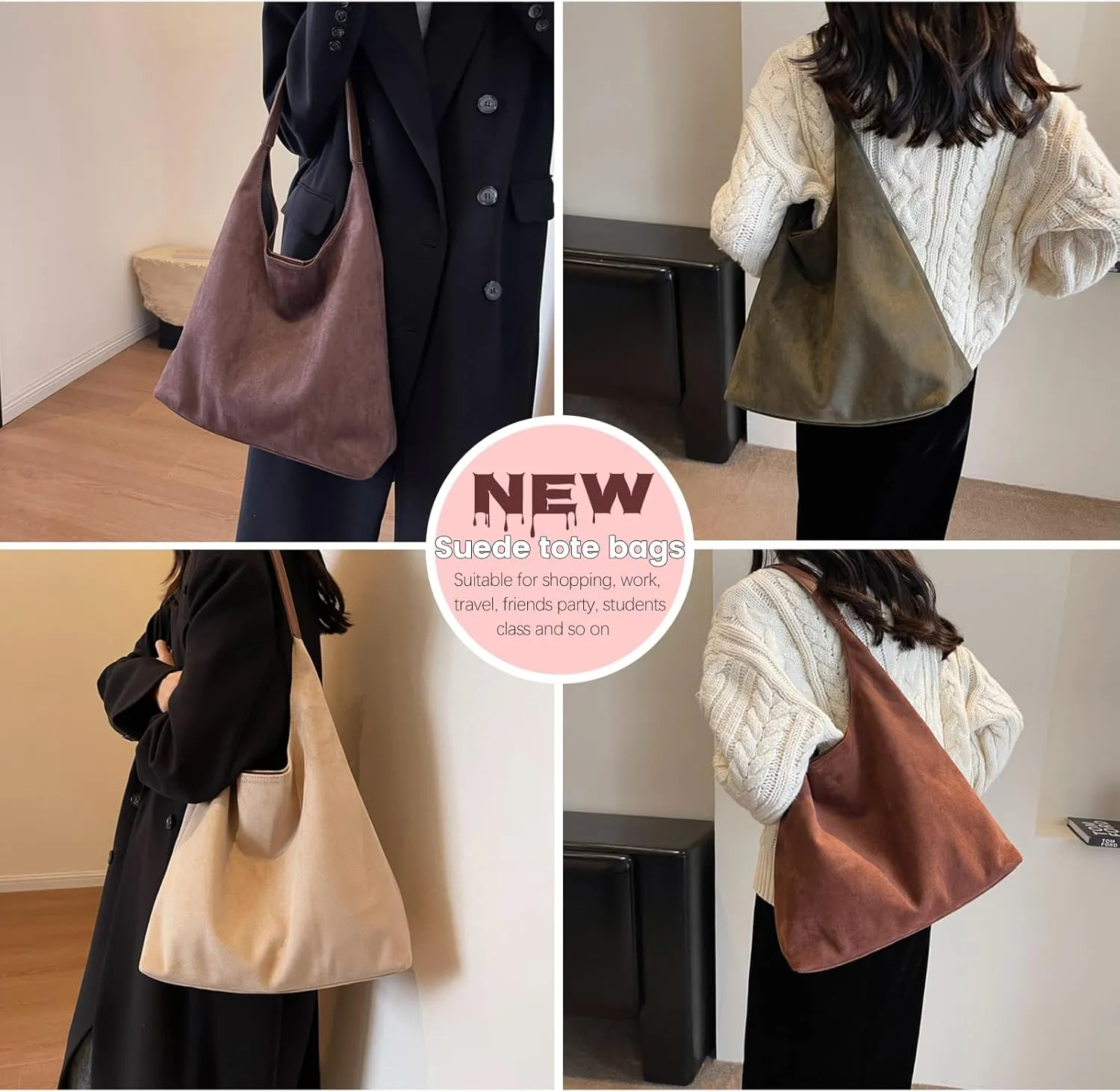 Brown Suede Shoulder Bag for Women - Ideal for Work & Shopping, Available in Tote & Slouchy Styles