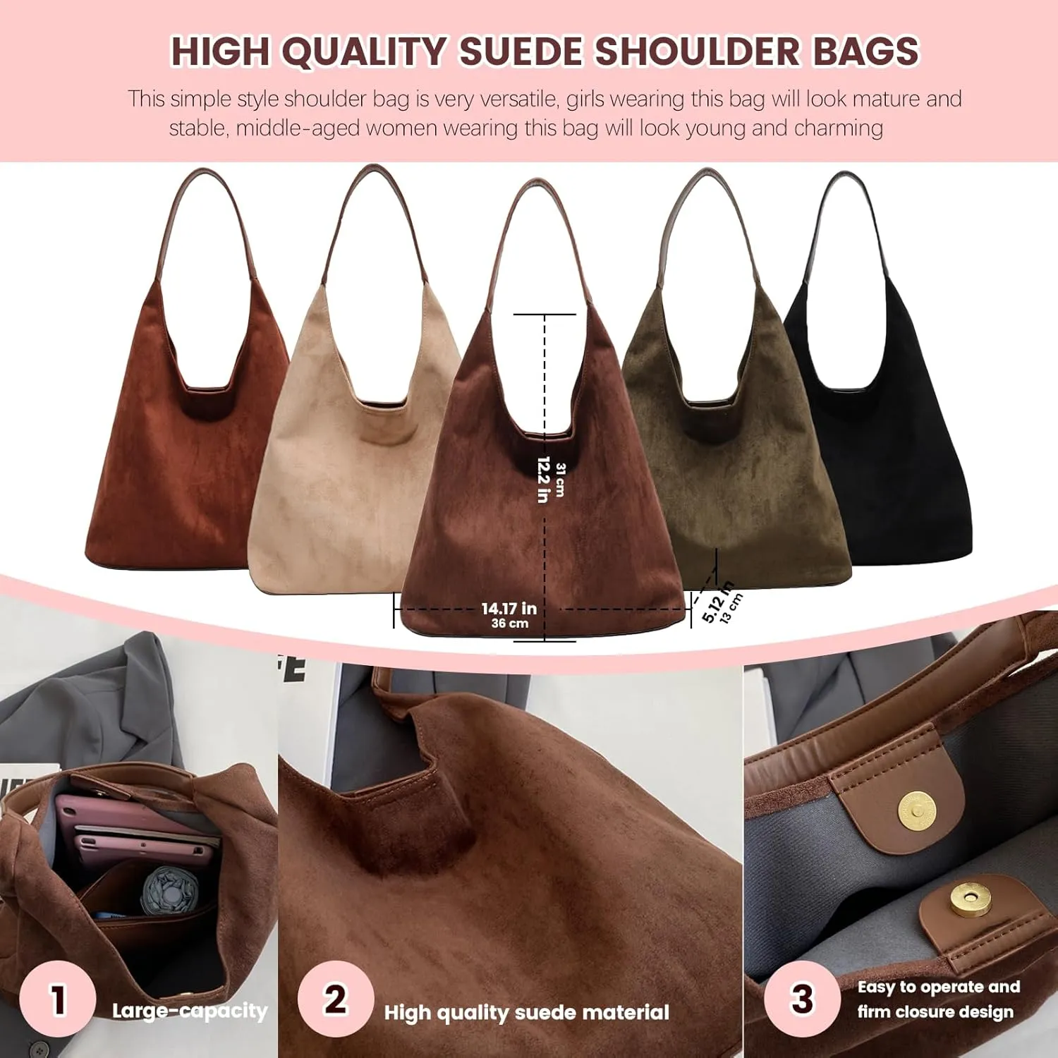 Brown Suede Shoulder Bag for Women - Ideal for Work & Shopping, Available in Tote & Slouchy Styles