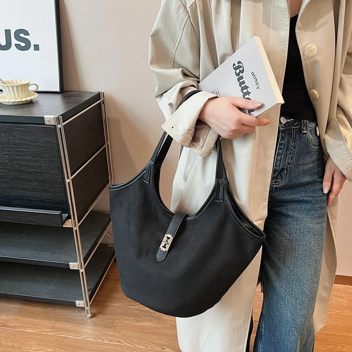 Brown Suede Tote Bag for Women Trendy Hobo Bag Bucket Tote Bag Work Hobo Handbags
