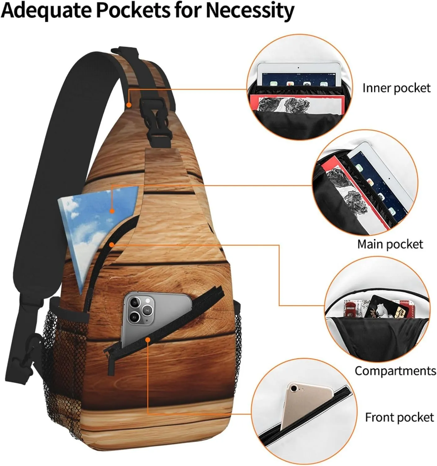 Brown Wooden Print Cross Chest Bag Diagonally For Short-Distance Travel And Daily Use