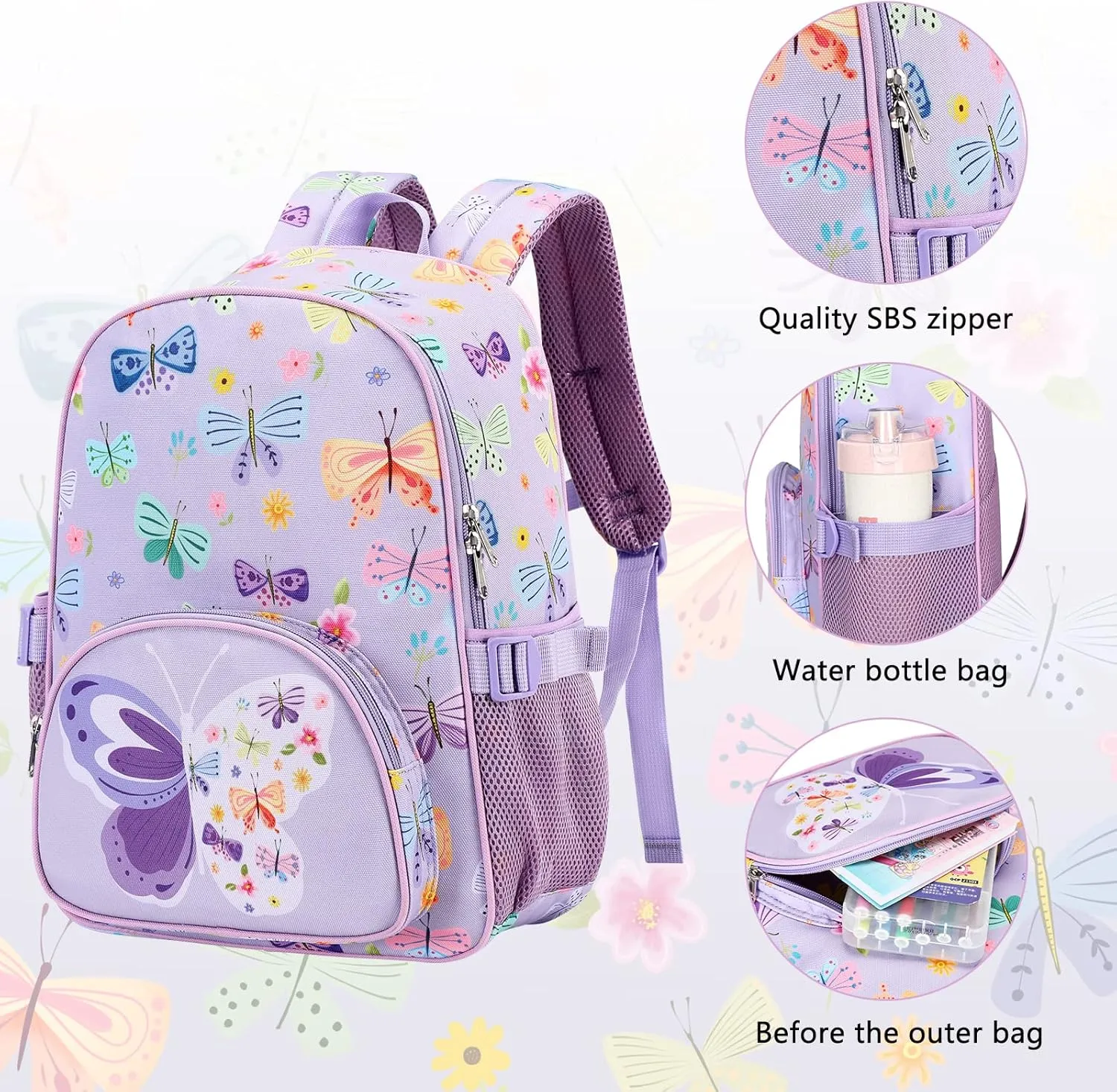 BTOOP Kids Backpack Girls School Backpacks Butterfly Preschool Kindergarten Toddler BookBag with Chest clip (Butterfly-Purple)