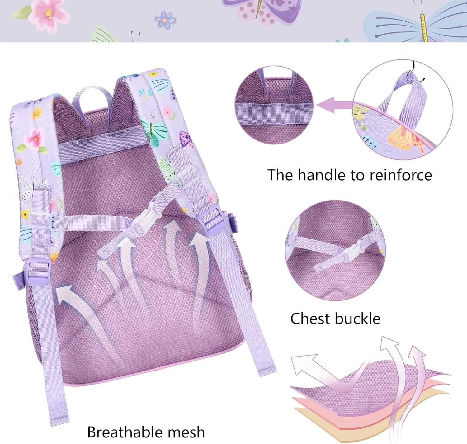 BTOOP Kids Backpack Girls School Backpacks Butterfly Preschool Kindergarten Toddler BookBag with Chest clip (Butterfly-Purple)