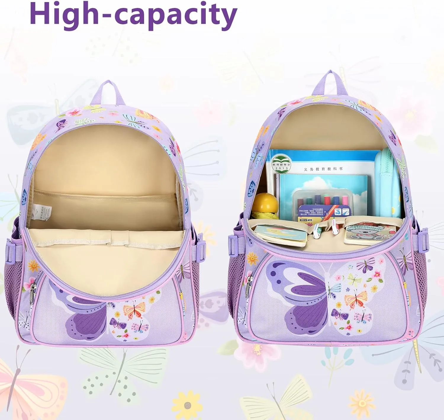 BTOOP Kids Backpack Girls School Backpacks Butterfly Preschool Kindergarten Toddler BookBag with Chest clip (Butterfly-Purple)