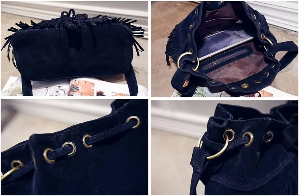 Bucket Bag for Womens Faux Suede Drawstring Vintage Tassel Crossbody Shoulder Crossbody Bag