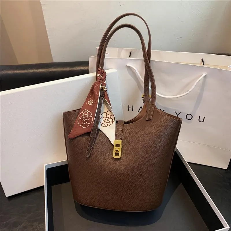 Bucket Bag for Women,Trendy Vintage Shoulde Tote Vegan Leather Handbag Designer Scoop Neck Hobo Purse with Silk/Pouch