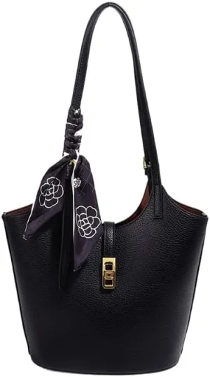 Bucket Bag for Women,Trendy Vintage Shoulde Tote Vegan Leather Handbag Designer Scoop Neck Hobo Purse with Silk/Pouch