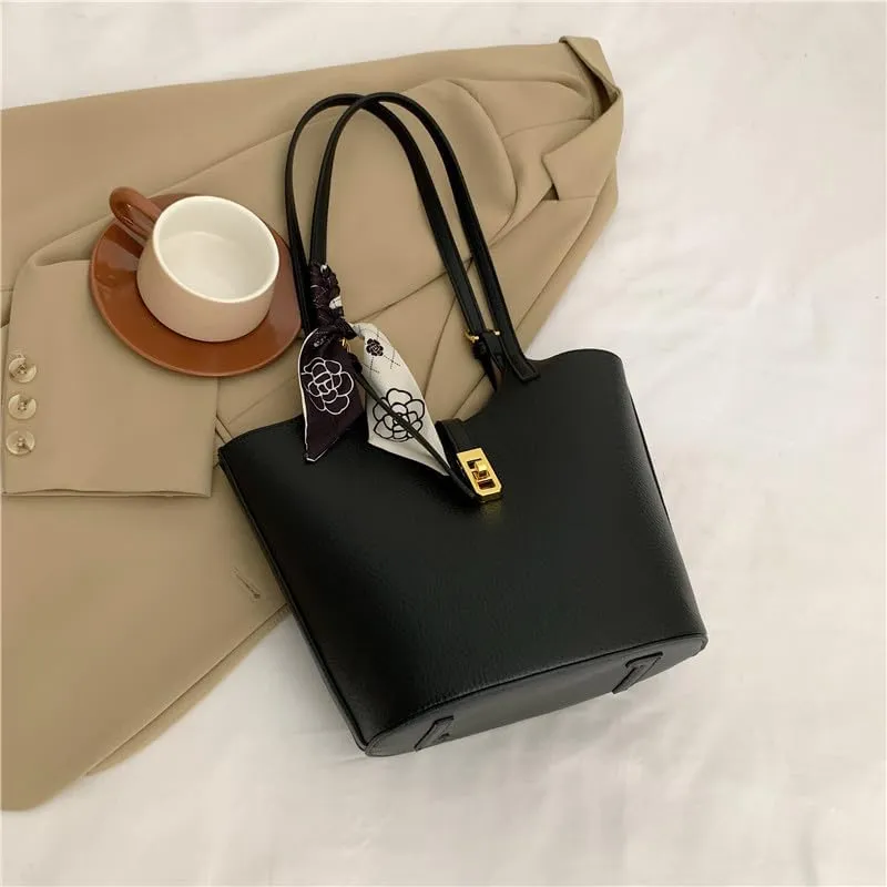 Bucket Bag for Women,Trendy Vintage Shoulde Tote Vegan Leather Handbag Designer Scoop Neck Hobo Purse with Silk/Pouch