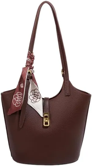 Bucket Bag for Women,Trendy Vintage Shoulde Tote Vegan Leather Handbag Designer Scoop Neck Hobo Purse with Silk/Pouch