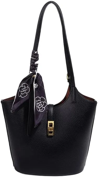 Bucket Bag for Women,Trendy Vintage Shoulde Tote Vegan Leather Handbag Designer Scoop Neck Hobo Purse with Silk/Pouch