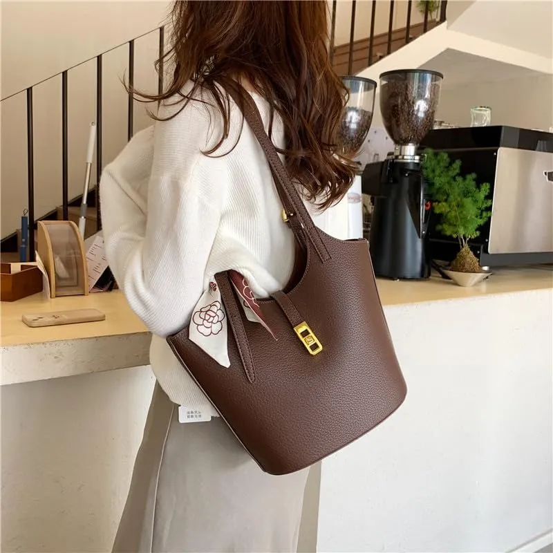 Bucket Bag for Women,Trendy Vintage Shoulde Tote Vegan Leather Handbag Designer Scoop Neck Hobo Purse with Silk/Pouch