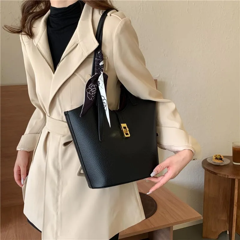 Bucket Bag for Women,Trendy Vintage Shoulde Tote Vegan Leather Handbag Designer Scoop Neck Hobo Purse with Silk/Pouch