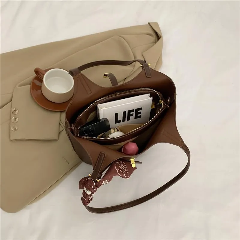 Bucket Bag for Women,Trendy Vintage Shoulde Tote Vegan Leather Handbag Designer Scoop Neck Hobo Purse with Silk/Pouch