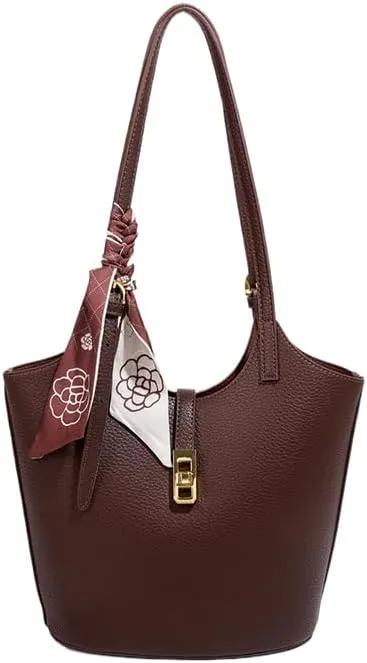 Bucket Bag for Women,Trendy Vintage Shoulde Tote Vegan Leather Handbag Designer Scoop Neck Hobo Purse with Silk/Pouch