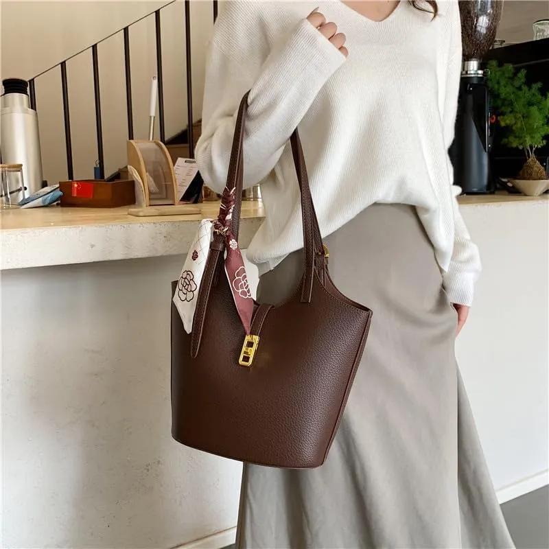 Bucket Bag for Women,Trendy Vintage Shoulde Tote Vegan Leather Handbag Designer Scoop Neck Hobo Purse with Silk/Pouch