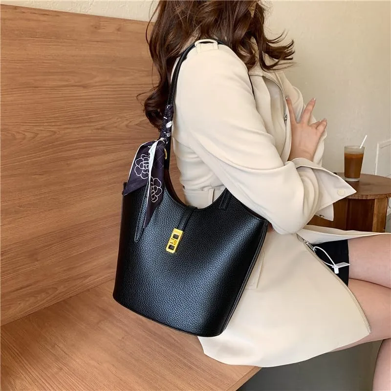 Bucket Bag for Women,Trendy Vintage Shoulde Tote Vegan Leather Handbag Designer Scoop Neck Hobo Purse with Silk/Pouch