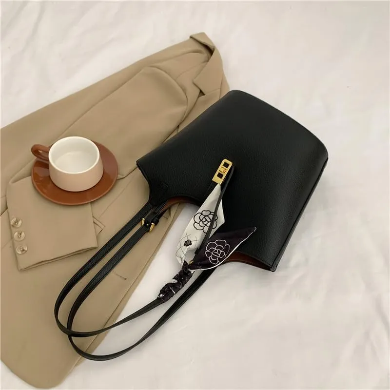 Bucket Bag for Women,Trendy Vintage Shoulde Tote Vegan Leather Handbag Designer Scoop Neck Hobo Purse with Silk/Pouch