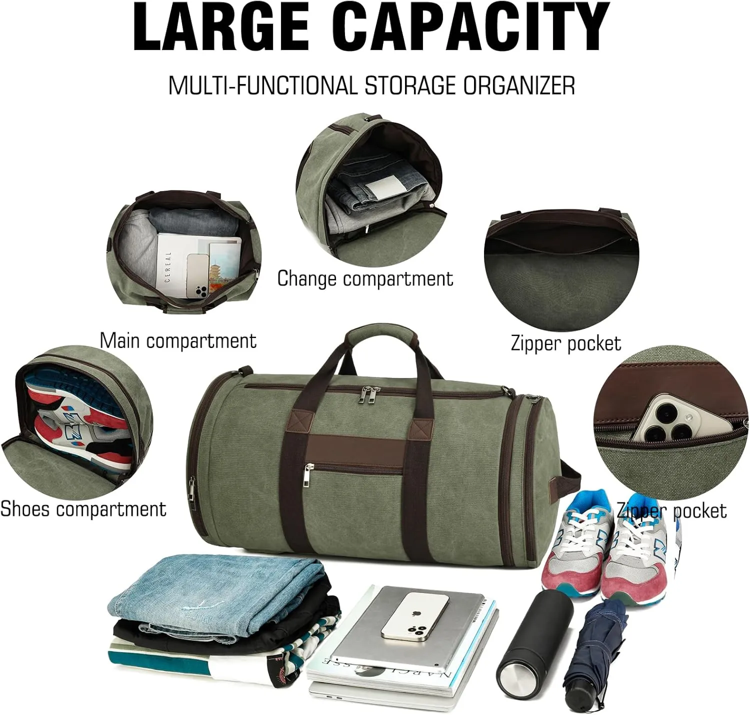 BUG Men Duffle Bag for Travel Canvas Backpack,58L Camping Overnight Bag with Shoes Compartment (Army Green)