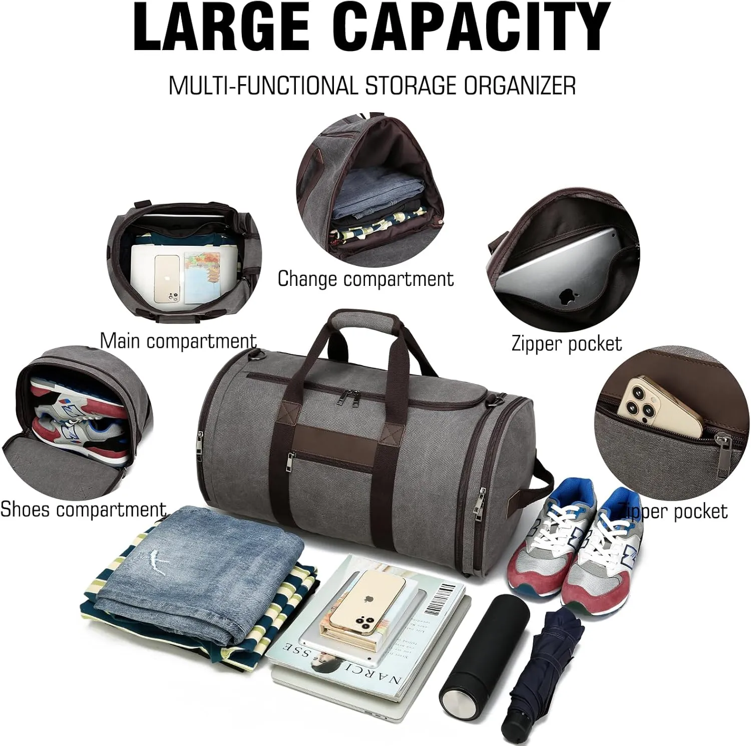 BUG Men Duffle Bag for Travel Canvas Backpack,58L Camping Overnight Bag with Shoes Compartment (Grey)